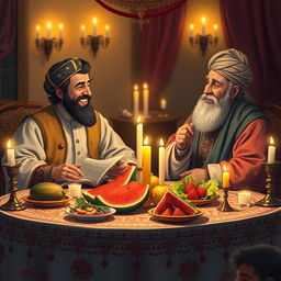 A charming scene featuring two historical Persian poets, Hafez and Saedi, sitting together at a beautifully decorated table celebrating Yalda night