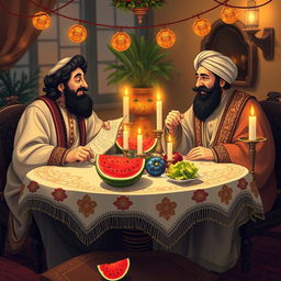 A charming scene featuring two historical Persian poets, Hafez and Saedi, sitting together at a beautifully decorated table celebrating Yalda night