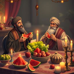 A charming scene featuring two historical Persian poets, Hafez and Saedi, sitting together at a beautifully decorated table celebrating Yalda night