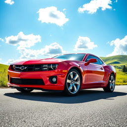 A sleek and powerful Chevrolet Camaro in a dynamic side profile view, showcasing its muscular body lines and aggressive front grille design