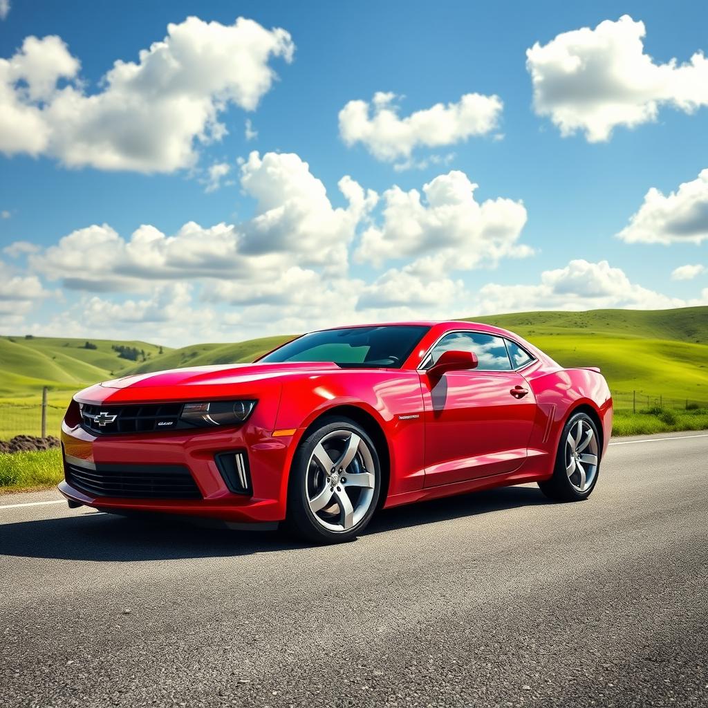 A sleek and powerful Chevrolet Camaro in a dynamic side profile view, showcasing its muscular body lines and aggressive front grille design