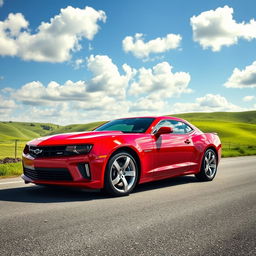 A sleek and powerful Chevrolet Camaro in a dynamic side profile view, showcasing its muscular body lines and aggressive front grille design