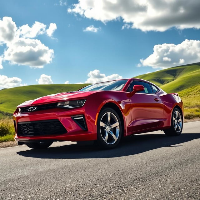 A sleek and powerful Chevrolet Camaro in a dynamic side profile view, showcasing its muscular body lines and aggressive front grille design