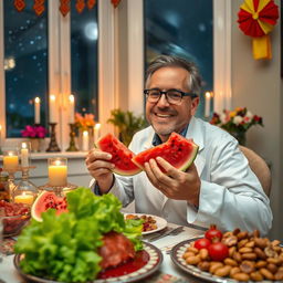 A physical scientist enjoying a festive Yalda night, seated at a beautifully arranged table filled with traditional fruits and dishes