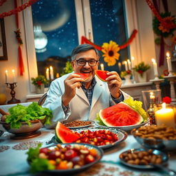 A physical scientist enjoying a festive Yalda night, seated at a beautifully arranged table filled with traditional fruits and dishes