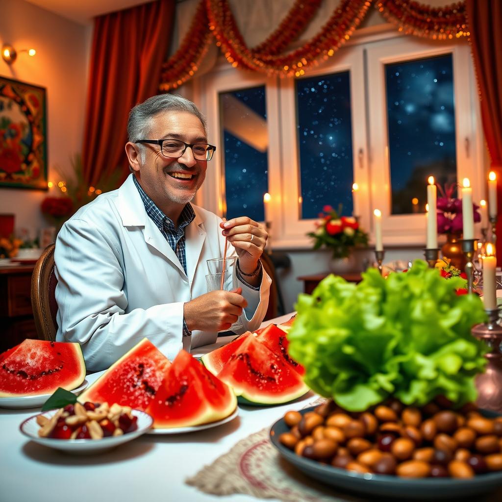 A physical scientist enjoying a festive Yalda night, seated at a beautifully arranged table filled with traditional fruits and dishes