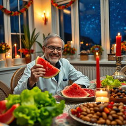 A physical scientist enjoying a festive Yalda night, seated at a beautifully arranged table filled with traditional fruits and dishes