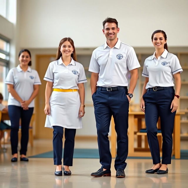 A basic uniform design for the management team of Elizabeth School, featuring a blend of comfort and professionalism with the colors white, blue, and yellow