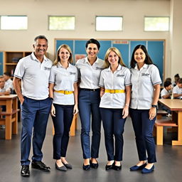 A basic uniform design for the management team of Elizabeth School, featuring a blend of comfort and professionalism with the colors white, blue, and yellow