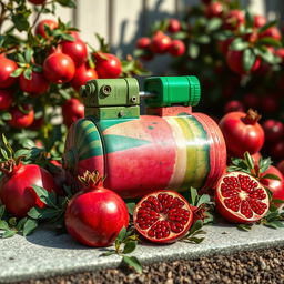 A vibrant and artistic scene featuring a compressor that is uniquely designed with colors and patterns reminiscent of watermelon, showcasing shades of green, pink, and red
