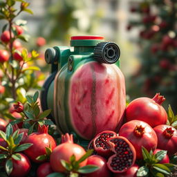 A vibrant and artistic scene featuring a compressor that is uniquely designed with colors and patterns reminiscent of watermelon, showcasing shades of green, pink, and red