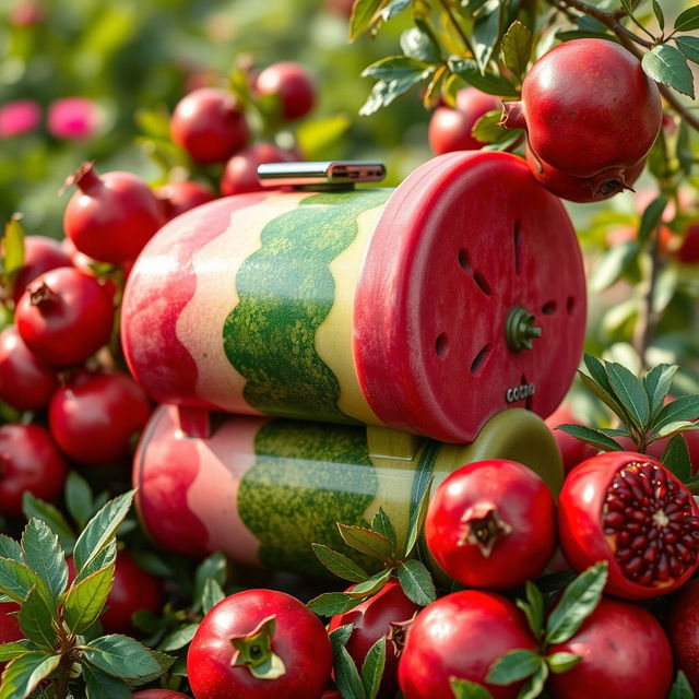 A vibrant and artistic scene featuring a compressor that is uniquely designed with colors and patterns reminiscent of watermelon, showcasing shades of green, pink, and red