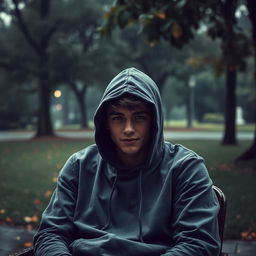 A young 20-year-old man sitting in a chair in a park, wearing a hoodie that obscures his face from the camera