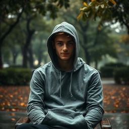 A young 20-year-old man sitting in a chair in a park, wearing a hoodie that obscures his face from the camera