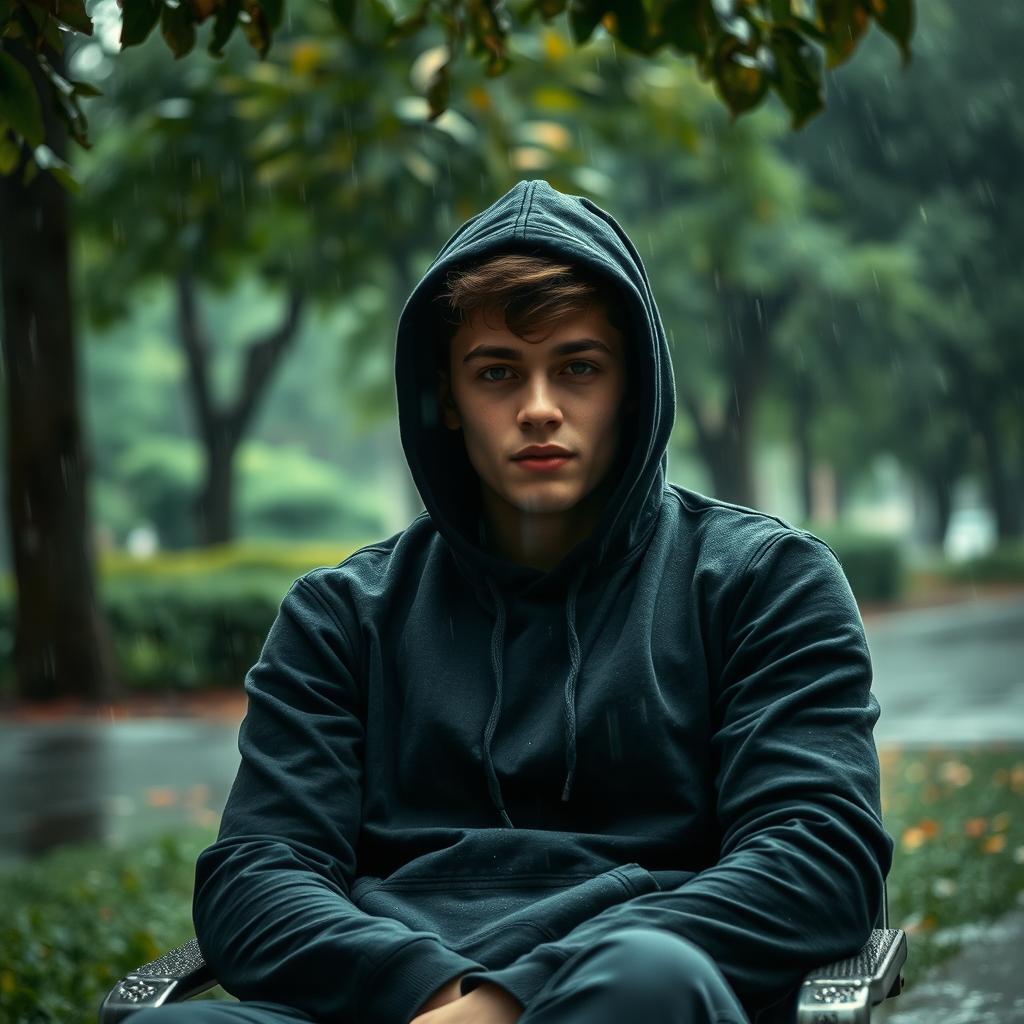 A young 20-year-old man sitting in a chair in a park, wearing a hoodie that obscures his face from the camera