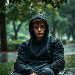 A young 20-year-old man sitting in a chair in a park, wearing a hoodie that obscures his face from the camera