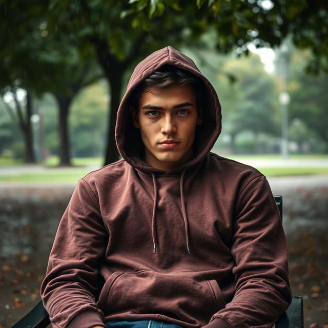 A young 20-year-old man sitting in a chair in a park, wearing a hoodie that obscures his face from the camera