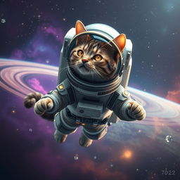 An adventurous astronaut cat, a sleek tabby with golden eyes that shimmer like distant stars, floats weightlessly in deep space