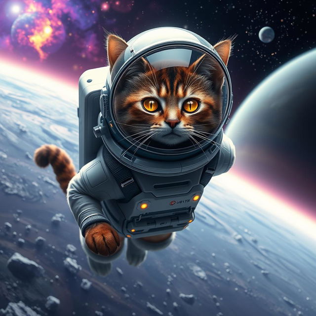 An adventurous astronaut cat, a sleek tabby with golden eyes that shimmer like distant stars, floats weightlessly in deep space