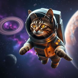 An adventurous astronaut cat, a sleek tabby with golden eyes that shimmer like distant stars, floats weightlessly in deep space