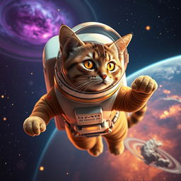 An adventurous astronaut cat, a sleek tabby with golden eyes that shimmer like distant stars, floats weightlessly in deep space