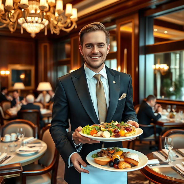 A well-dressed man in a formal suit, serving exquisite dishes in a luxurious hotel dining area