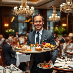 A well-dressed man in a formal suit, serving exquisite dishes in a luxurious hotel dining area