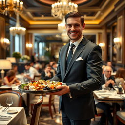 A well-dressed man in a formal suit, serving exquisite dishes in a luxurious hotel dining area