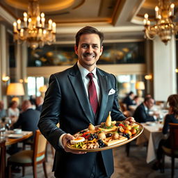 A well-dressed man in a formal suit, serving exquisite dishes in a luxurious hotel dining area