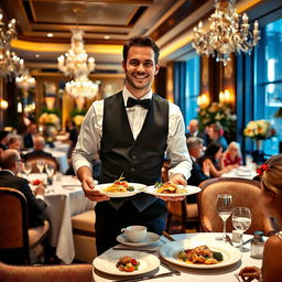 A man elegantly serving food in a luxurious hotel dining setting