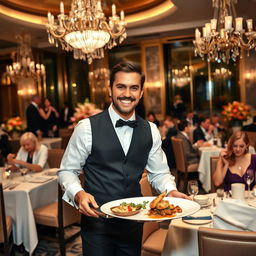 A man elegantly serving food in a luxurious hotel dining setting