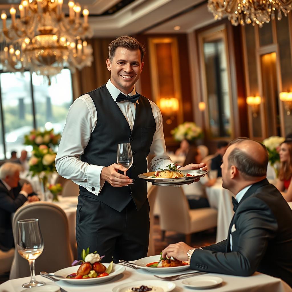 A man elegantly serving food in a luxurious hotel dining setting