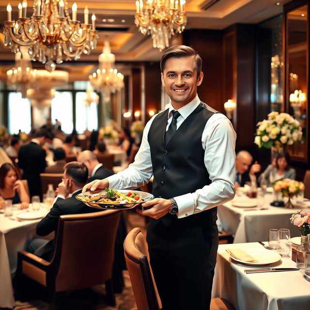 A man elegantly serving food in a luxurious hotel dining setting