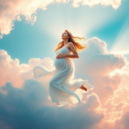 A serene and dreamy scene of a pregnant woman floating peacefully in a vibrant sky, surrounded by fluffy white clouds and soft pastel colors, embodying a sense of tranquility and joy