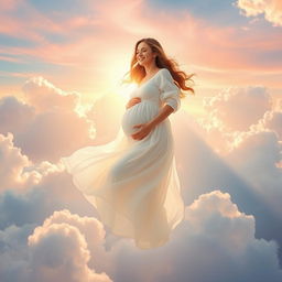 A serene and dreamy scene of a pregnant woman floating peacefully in a vibrant sky, surrounded by fluffy white clouds and soft pastel colors, embodying a sense of tranquility and joy