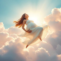 A serene and dreamy scene of a pregnant woman floating peacefully in a vibrant sky, surrounded by fluffy white clouds and soft pastel colors, embodying a sense of tranquility and joy