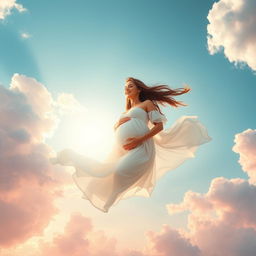 A serene and dreamy scene of a pregnant woman floating peacefully in a vibrant sky, surrounded by fluffy white clouds and soft pastel colors, embodying a sense of tranquility and joy