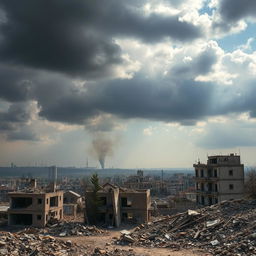 A stunning depiction of war-torn Syria, showcasing destroyed buildings and rubble scattered throughout the urban landscape