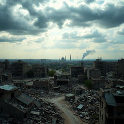 A stunning depiction of war-torn Syria, showcasing destroyed buildings and rubble scattered throughout the urban landscape
