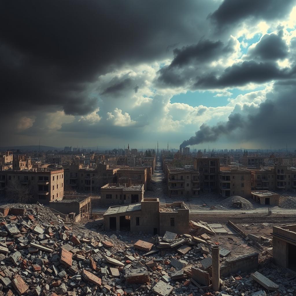 A stunning depiction of war-torn Syria, showcasing destroyed buildings and rubble scattered throughout the urban landscape