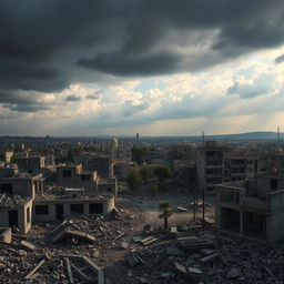 A stunning depiction of war-torn Syria, showcasing destroyed buildings and rubble scattered throughout the urban landscape