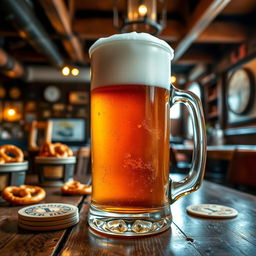 A beautifully frosty mug of beer with golden amber liquid and a thick, creamy white foam head, set on a rustic wooden table