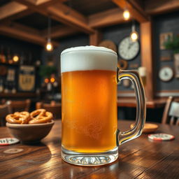 A beautifully frosty mug of beer with golden amber liquid and a thick, creamy white foam head, set on a rustic wooden table