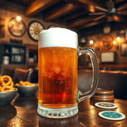 A beautifully frosty mug of beer with golden amber liquid and a thick, creamy white foam head, set on a rustic wooden table