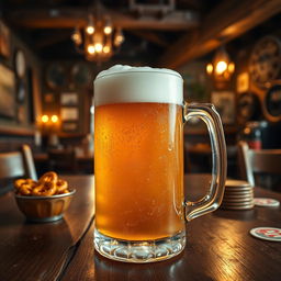 A beautifully frosty mug of beer with golden amber liquid and a thick, creamy white foam head, set on a rustic wooden table