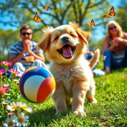 A joyful puppy playing with a colorful ball in a sunny park, surrounded by blooming flowers and vibrant greenery