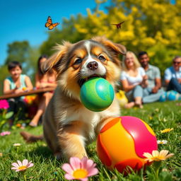 A joyful puppy playing with a colorful ball in a sunny park, surrounded by blooming flowers and vibrant greenery