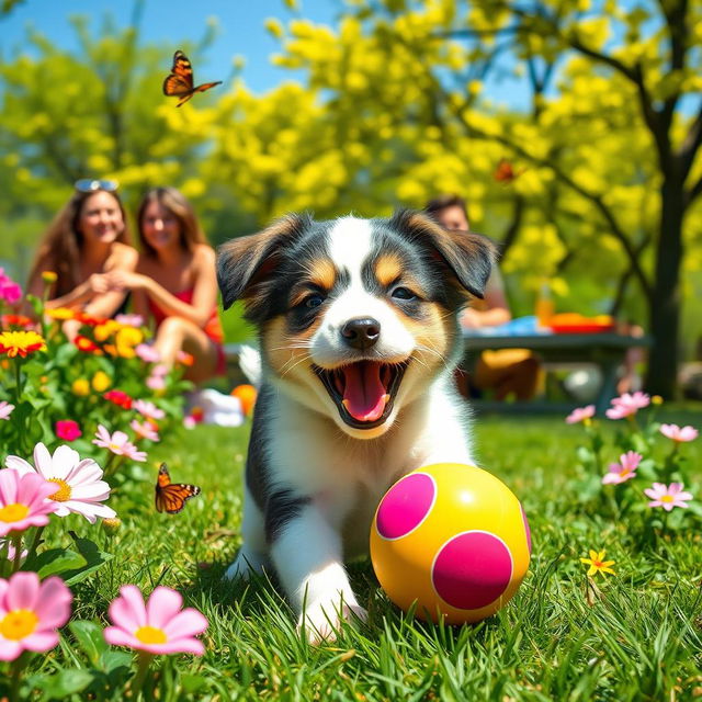 A joyful puppy playing with a colorful ball in a sunny park, surrounded by blooming flowers and vibrant greenery