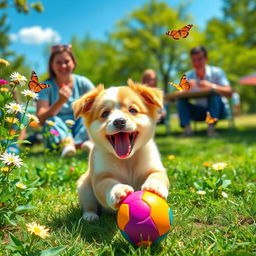 A joyful puppy playing with a colorful ball in a sunny park, surrounded by blooming flowers and vibrant greenery