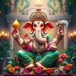 An artistic representation of Lord Ganesha, the elephant-headed deity, depicted in a vibrant and majestic manner